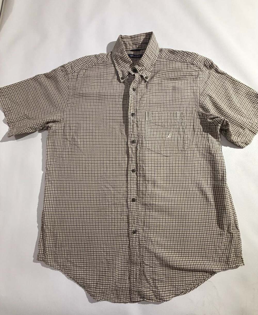 Nautica Mens M Beige Brown Check Button Down Short Sleeve Cotton Shirt